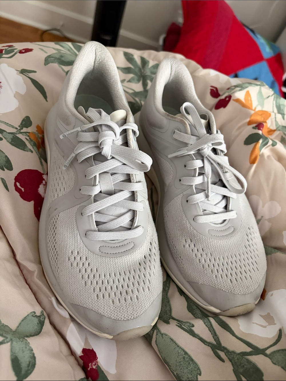 lululemon athletica Light Gray and White Knit Running Sneakers